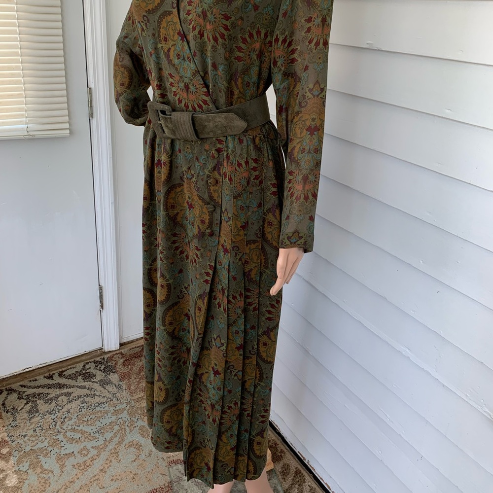 Vintage 80s Olive Green Silk Print Dress 10 Long Sleeve - Picture 7 of 12